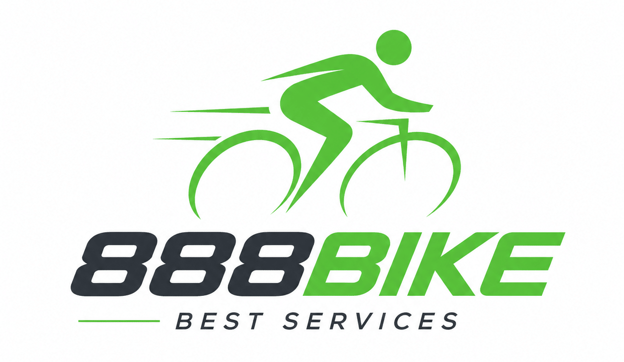 888bike logo featuring a modern cyclist riding a bicycle in green with the tagline "Best Services," representing a trusted online bicycle and cycling accessories store.